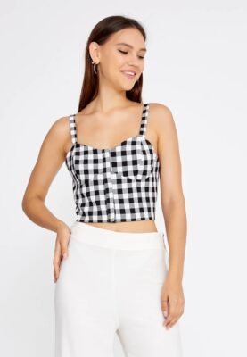 Gingham Crop Top for Women – Sleeveless Corset Style Zip Front Bustier