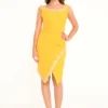 Yellow Lace Trim Bodycon Cocktail Dress – Asymmetric Hem Knee-Length Party Dress