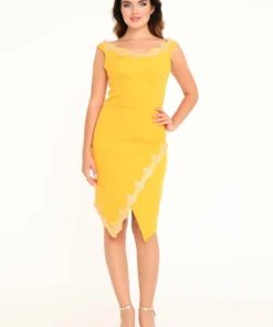 Yellow Lace Trim Bodycon Cocktail Dress – Asymmetric Hem Knee-Length Party Dress