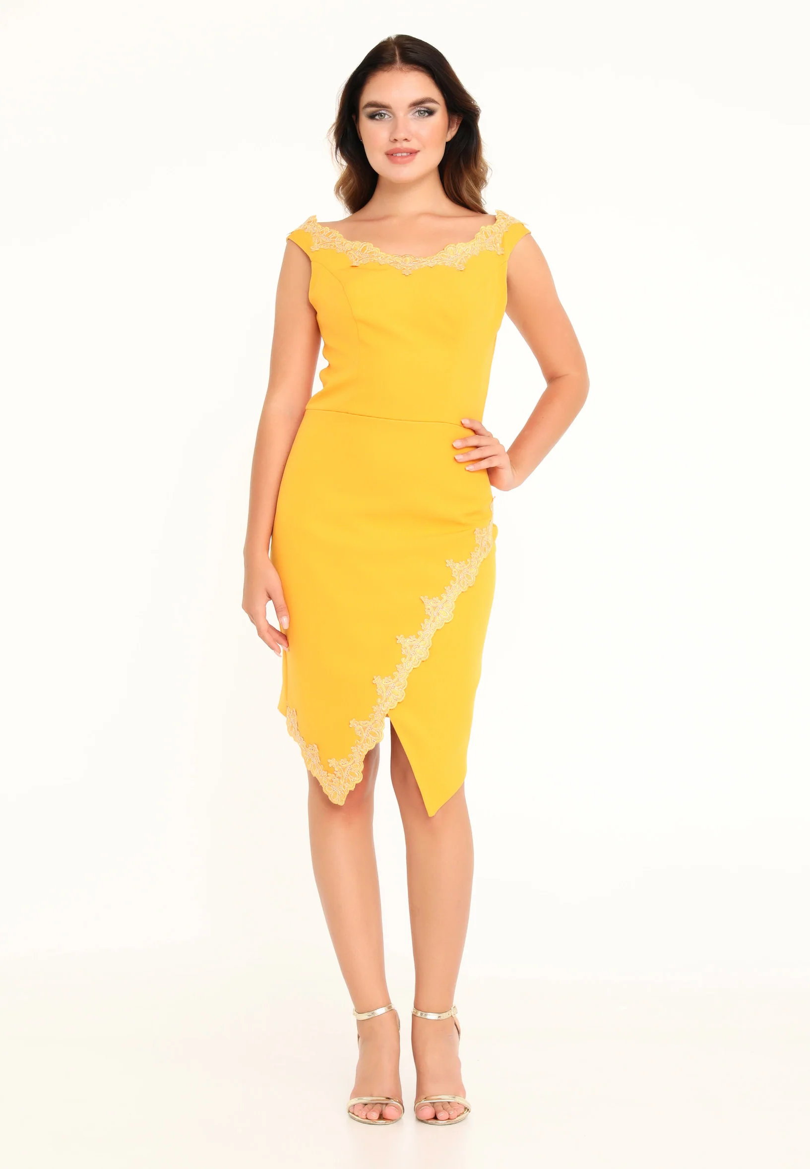 Yellow Lace Trim Bodycon Cocktail Dress – Asymmetric Hem Knee-Length Party Dress