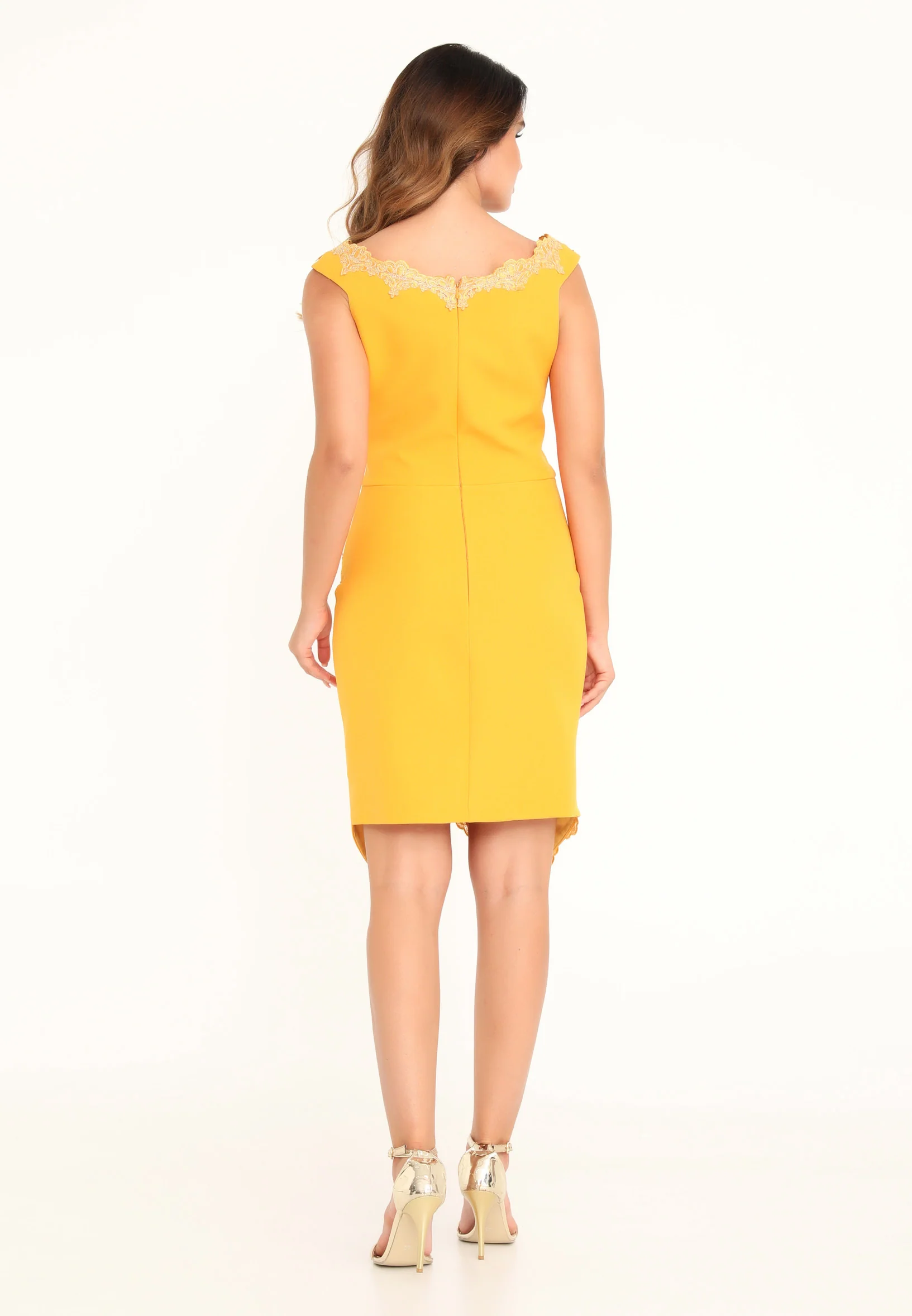 Yellow Lace Trim Bodycon Cocktail Dress – Asymmetric Hem Knee-Length Party Dress - Image 3