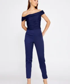 Navy Satin Off-Shoulder Evening Jumpsuit