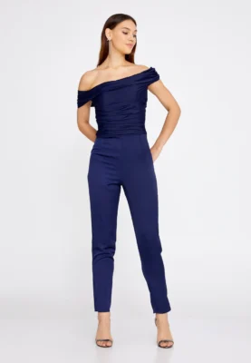 Navy Satin Off-Shoulder Evening Jumpsuit
