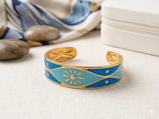 Blue Enamel Gold Cuff Bangle