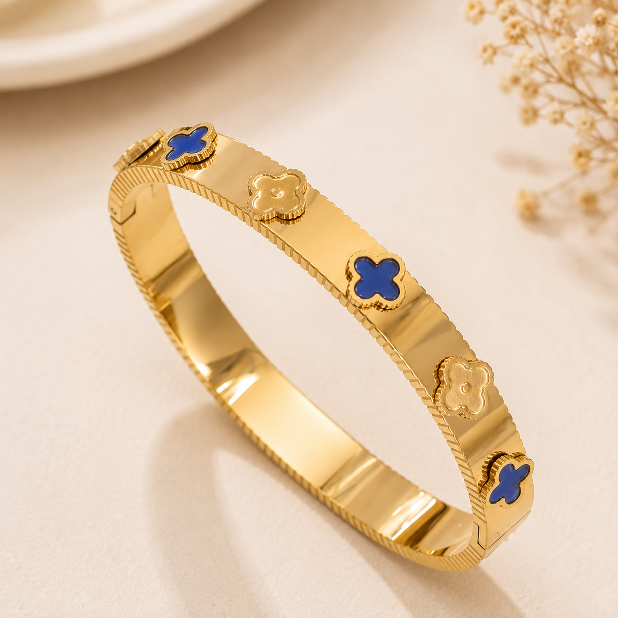 Blue Clover Gold Stainless Steel Bangle
