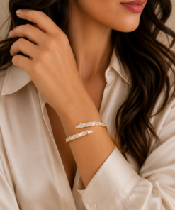 Alternative view of Pearl Crystal Open Cuff Stainless Steel Bangle- Gold