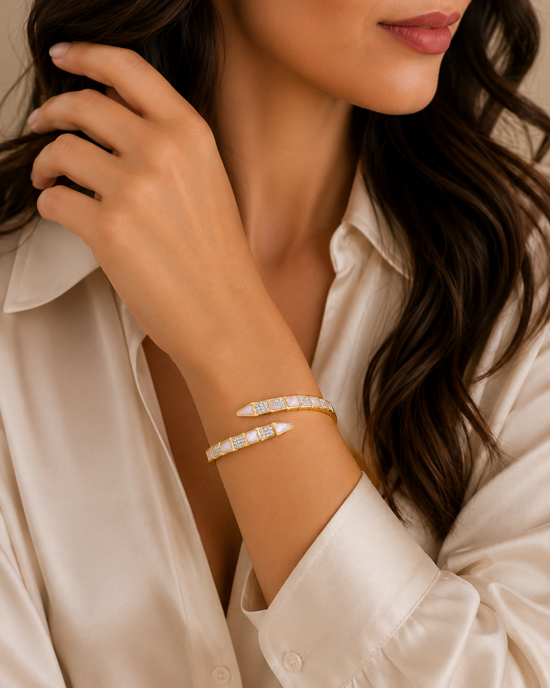 Pearl Crystal Open Cuff Stainless Steel Bangle- Gold - Image 2