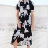 Monochrome Blossom Belted Midi Dress