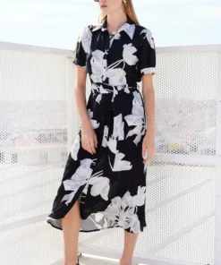 Monochrome Blossom Belted Midi Dress
