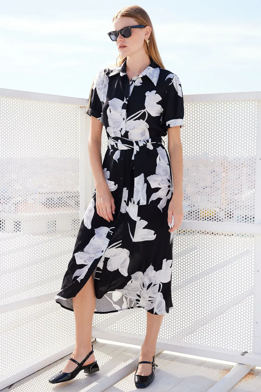 Monochrome Blossom Belted Midi Dress