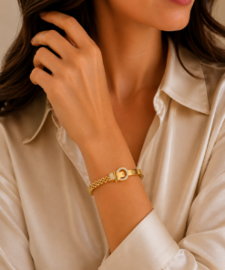 Alternative view of Crystal Buckle Stainless Steel Bangle- Gold