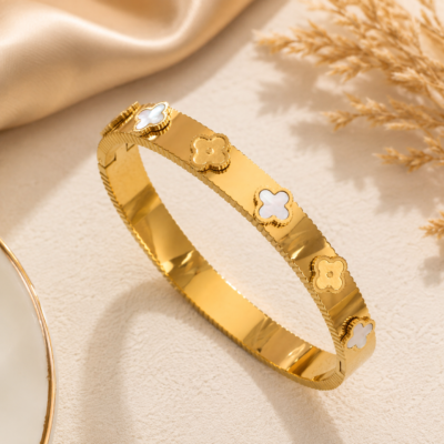 Clover Charm Gold Stainless Steel Bangle