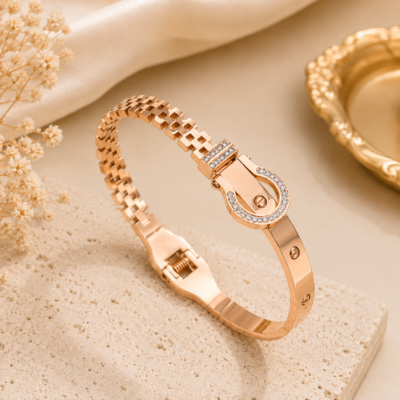 Crystal Buckle Stainless Steel Bangle-Rose Gold