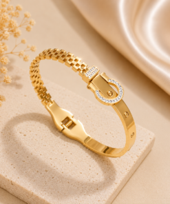 Crystal Buckle Stainless Steel Bangle- Gold