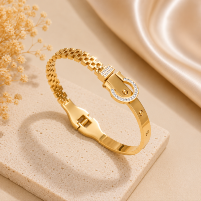 Crystal Buckle Stainless Steel Bangle- Gold