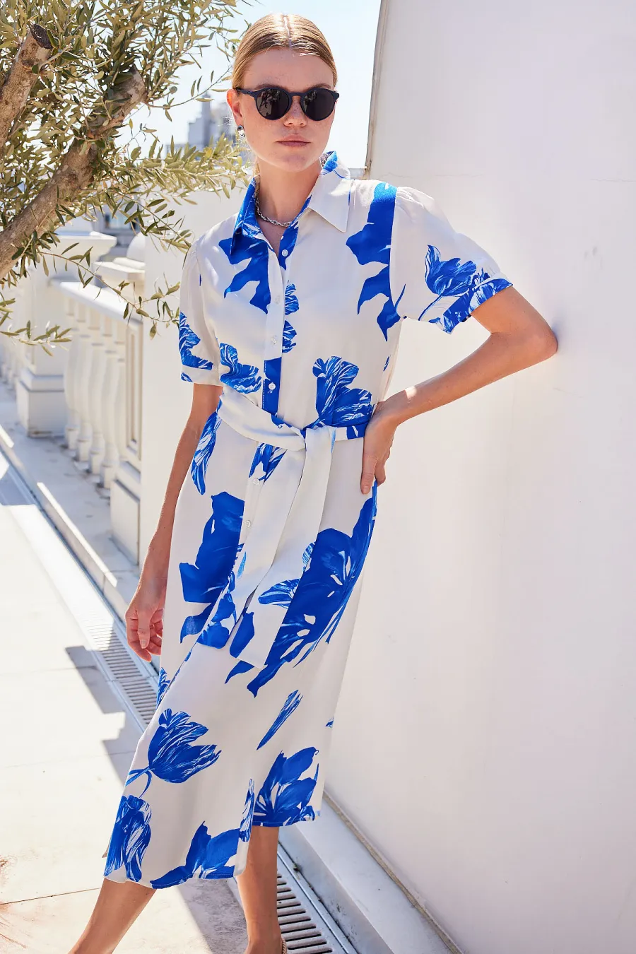 Monochrome Blossom Belted Midi Dress - Image 7
