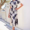 Midnight Bloom Belted Midi Dress