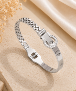 Crystal Buckle Stainless Steel Bangle-White Gold