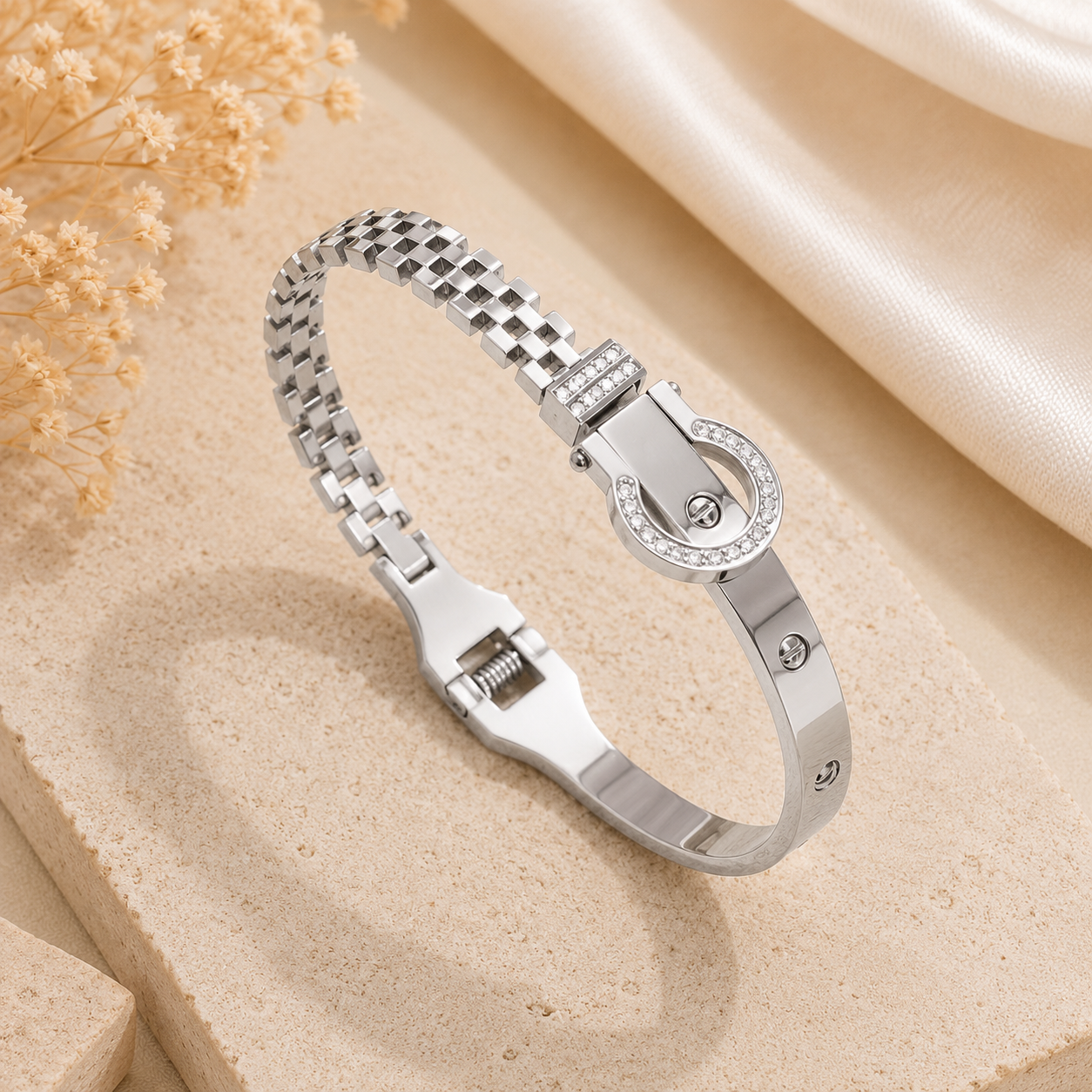 Crystal Buckle Stainless Steel Bangle-White Gold