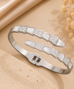 Pearl Crystal Open Cuff Stainless Steel Bangle-White Gold
