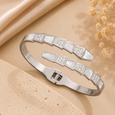 Pearl Crystal Open Cuff Stainless Steel Bangle-White Gold