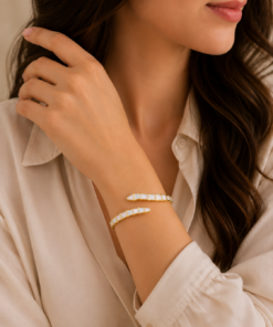 Alternative view of Pearl Crystal Open Cuff Stainless Steel Bangle-Rose Gold