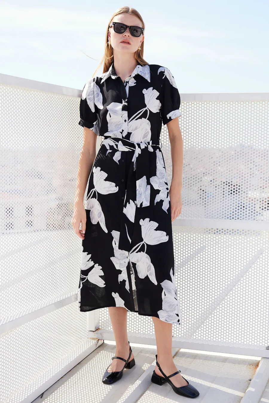 Monochrome Blossom Belted Midi Dress - Image 3