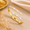 Pearl Crystal Open Cuff Stainless Steel Bangle- Gold