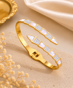 Pearl Crystal Open Cuff Stainless Steel Bangle- Gold