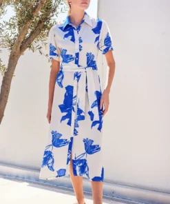 Blue Bloom Belted Midi Dress