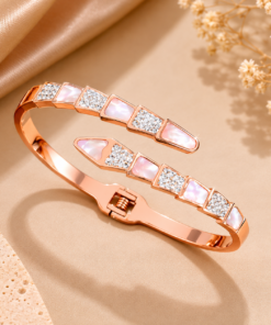 Pearl Crystal Open Cuff Stainless Steel Bangle-Rose Gold