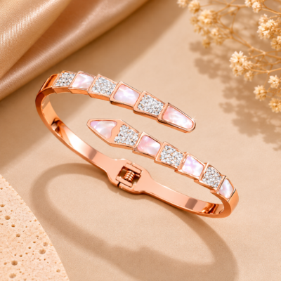 Pearl Crystal Open Cuff Stainless Steel Bangle-Rose Gold