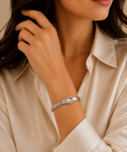 Alternative view of Crystal Buckle Stainless Steel Bangle-White Gold