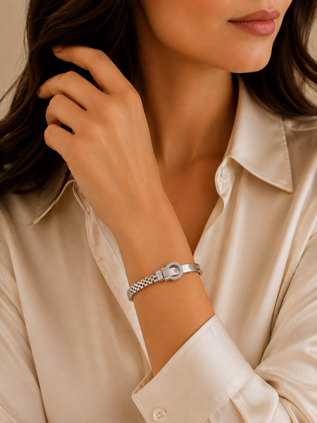 Crystal Buckle Stainless Steel Bangle-White Gold - Image 2