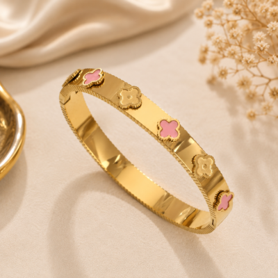 Pink Clover Gold Stainless Steel Bangle